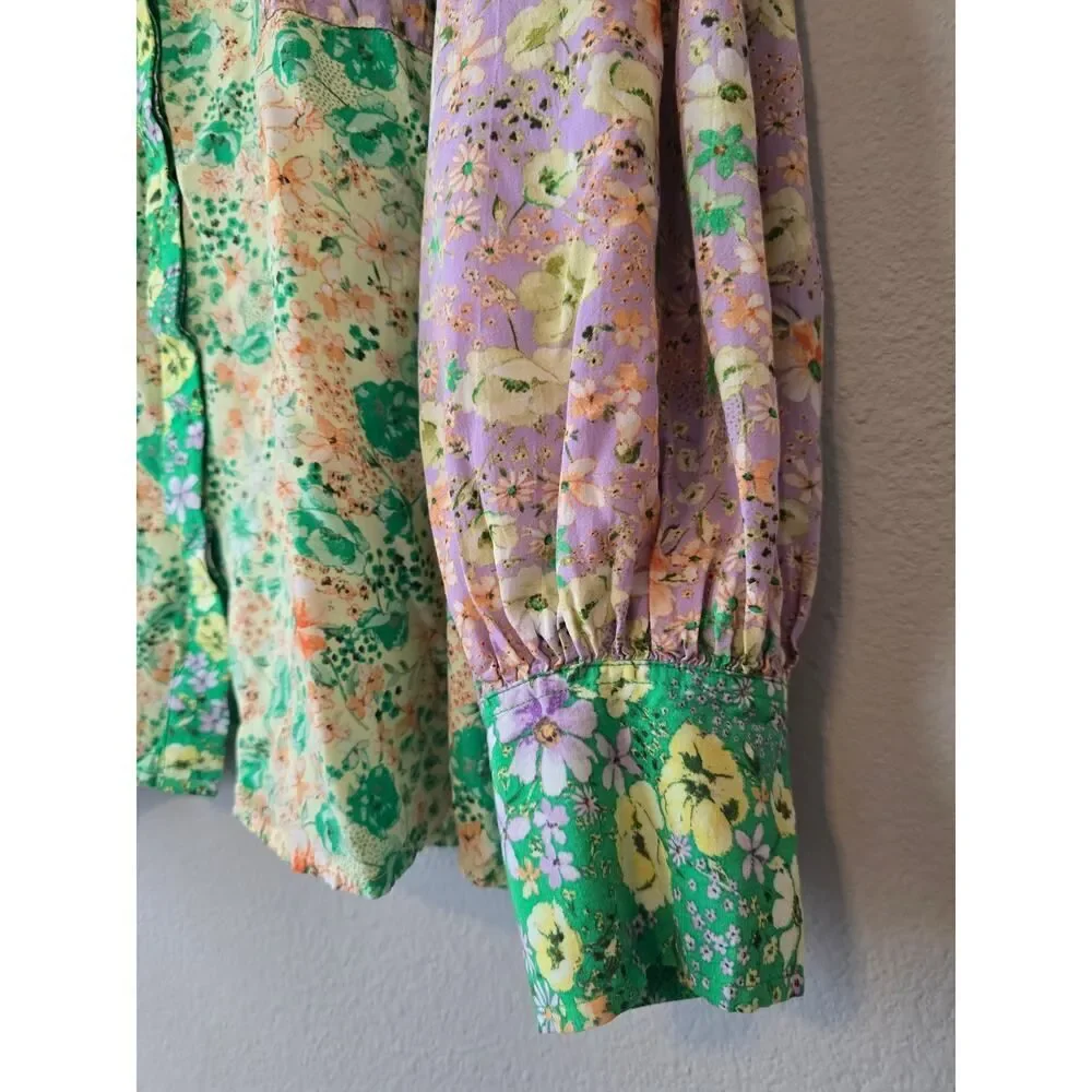 LOFT Floral Patchwork Blouse XL Boho Cottagecore Button Front Top Romantic